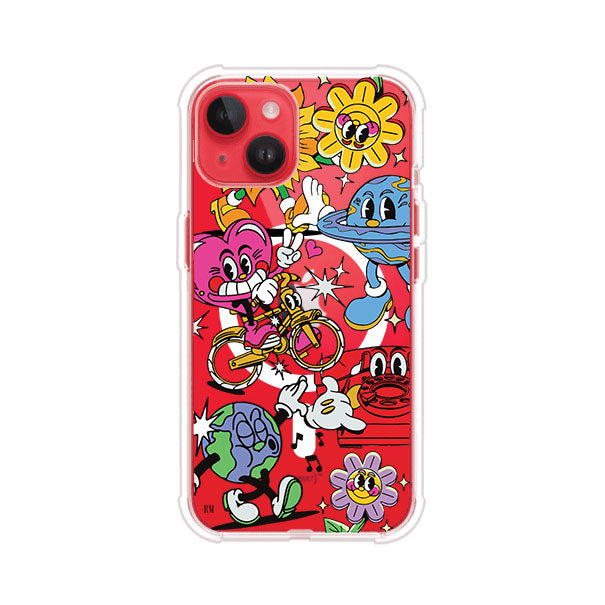 Funda personalizada para iPhone con ilustraciones coloridas de estilo pop art, creada por Nelson Art; diseño con flores, planetas, manos y personajes animados, producto de Remark MX