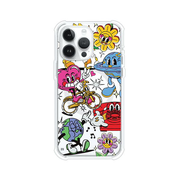 Funda personalizada para iPhone con ilustraciones coloridas de estilo pop art, creada por Nelson Art; diseño con flores, planetas, manos y personajes animados, producto de Remark MX