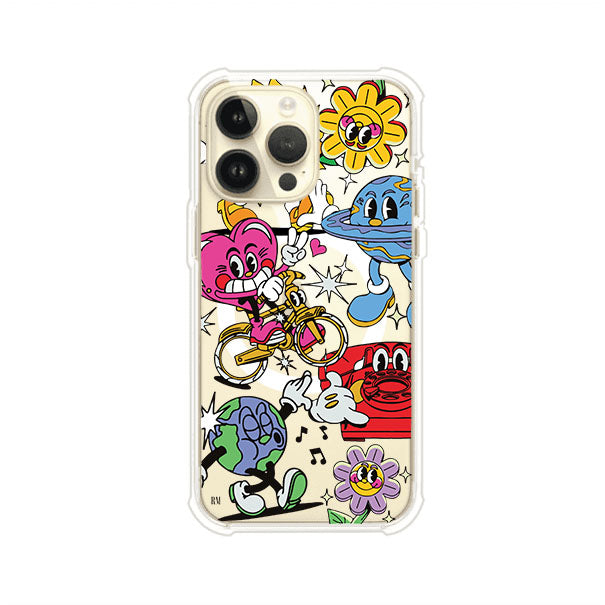 Funda personalizada para iPhone con ilustraciones coloridas de estilo pop art, creada por Nelson Art; diseño con flores, planetas, manos y personajes animados, producto de Remark MX