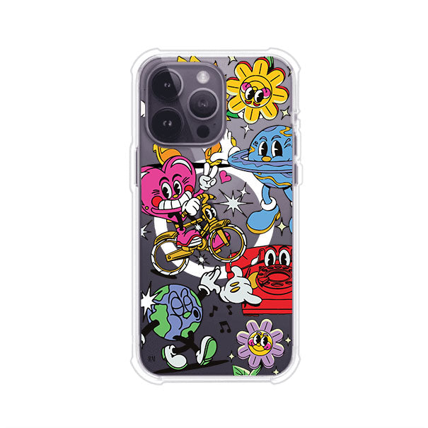 Funda personalizada para iPhone con ilustraciones coloridas de estilo pop art, creada por Nelson Art; diseño con flores, planetas, manos y personajes animados, producto de Remark MX