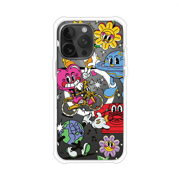 Funda personalizada para iPhone con ilustraciones coloridas de estilo pop art, creada por Nelson Art; diseño con flores, planetas, manos y personajes animados, producto de Remark MX