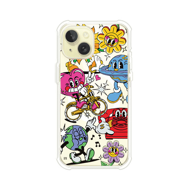 Funda personalizada para iPhone con ilustraciones coloridas de estilo pop art, creada por Nelson Art; diseño con flores, planetas, manos y personajes animados, producto de Remark MX