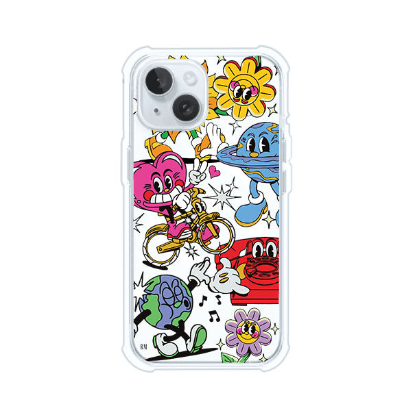 Funda personalizada para iPhone con ilustraciones coloridas de estilo pop art, creada por Nelson Art; diseño con flores, planetas, manos y personajes animados, producto de Remark MX