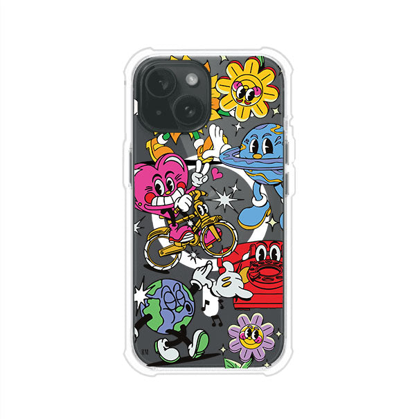 Funda personalizada para iPhone con ilustraciones coloridas de estilo pop art, creada por Nelson Art; diseño con flores, planetas, manos y personajes animados, producto de Remark MX