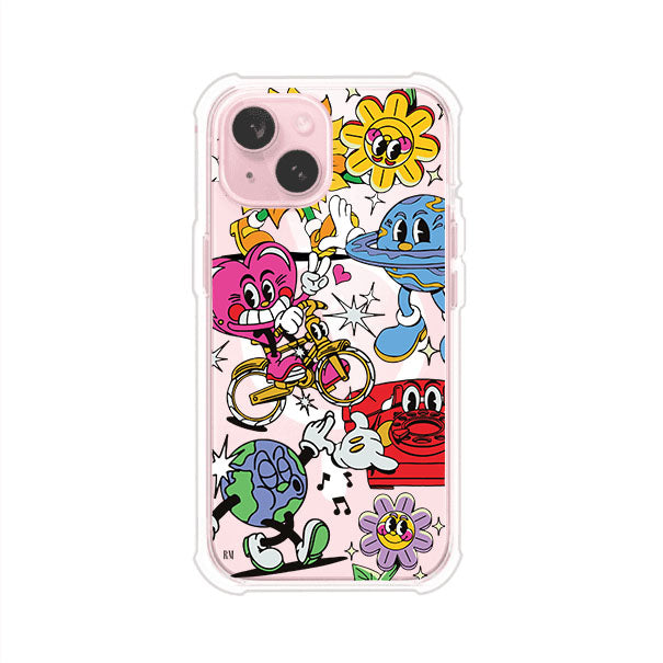 Funda personalizada para iPhone con ilustraciones coloridas de estilo pop art, creada por Nelson Art; diseño con flores, planetas, manos y personajes animados, producto de Remark MX