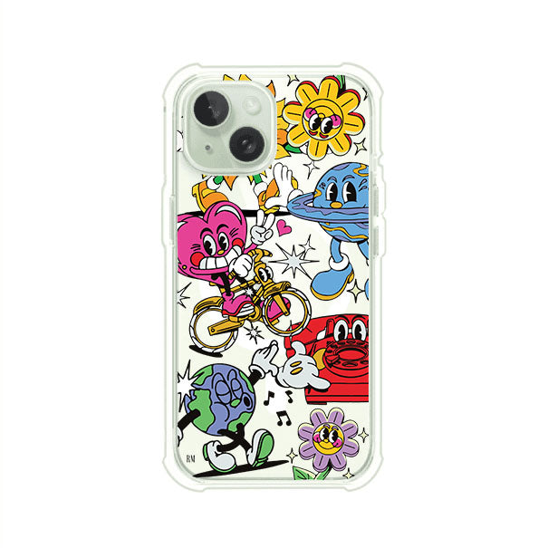 Funda personalizada para iPhone con ilustraciones coloridas de estilo pop art, creada por Nelson Art; diseño con flores, planetas, manos y personajes animados, producto de Remark MX