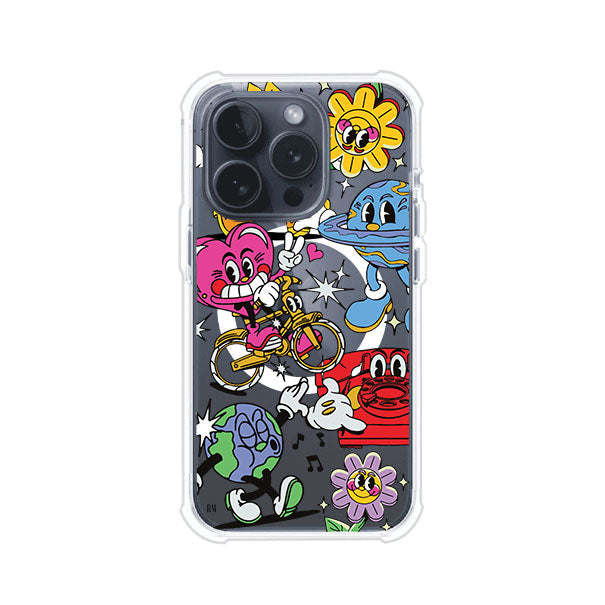 Funda personalizada para iPhone con ilustraciones coloridas de estilo pop art, creada por Nelson Art; diseño con flores, planetas, manos y personajes animados, producto de Remark MX