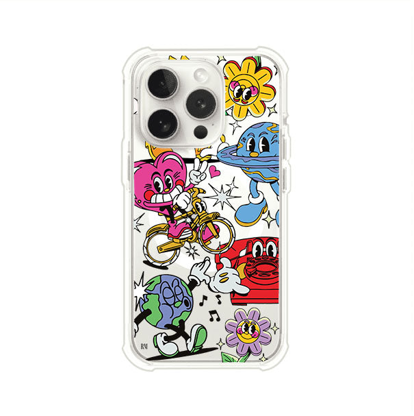 Funda personalizada para iPhone con ilustraciones coloridas de estilo pop art, creada por Nelson Art; diseño con flores, planetas, manos y personajes animados, producto de Remark MX
