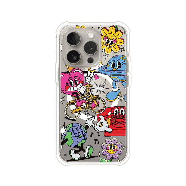 Funda personalizada para iPhone con ilustraciones coloridas de estilo pop art, creada por Nelson Art; diseño con flores, planetas, manos y personajes animados, producto de Remark MX