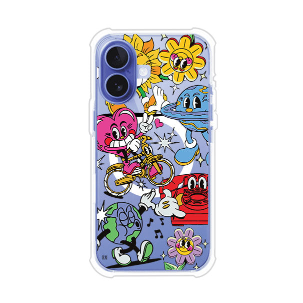 Funda personalizada para iPhone con ilustraciones coloridas de estilo pop art, creada por Nelson Art; diseño con flores, planetas, manos y personajes animados, producto de Remark MX