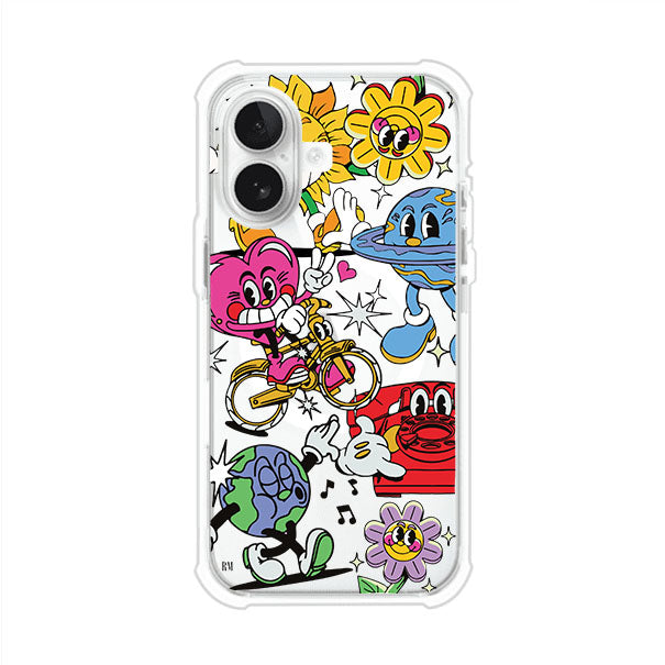 Funda personalizada para iPhone con ilustraciones coloridas de estilo pop art, creada por Nelson Art; diseño con flores, planetas, manos y personajes animados, producto de Remark MX