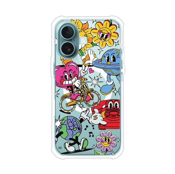 Funda personalizada para iPhone con ilustraciones coloridas de estilo pop art, creada por Nelson Art; diseño con flores, planetas, manos y personajes animados, producto de Remark MX