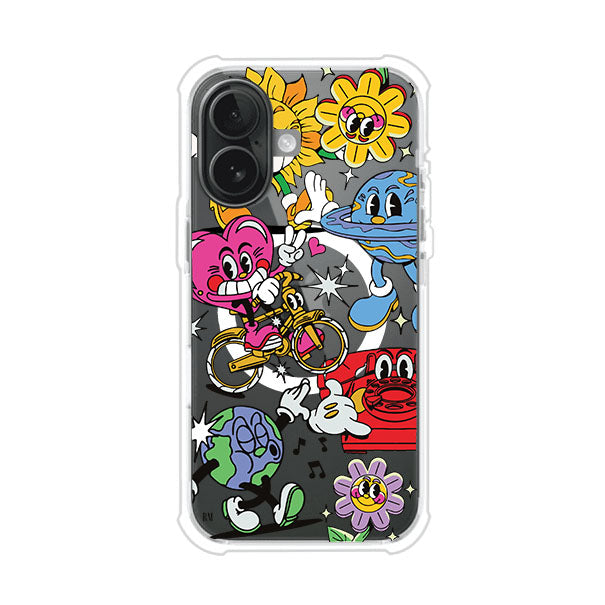 Funda personalizada para iPhone con ilustraciones coloridas de estilo pop art, creada por Nelson Art; diseño con flores, planetas, manos y personajes animados, producto de Remark MX