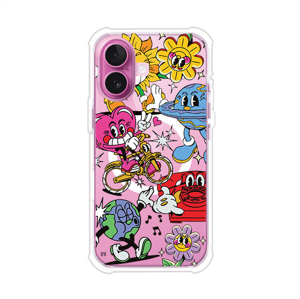 Funda personalizada para iPhone con ilustraciones coloridas de estilo pop art, creada por Nelson Art; diseño con flores, planetas, manos y personajes animados, producto de Remark MX