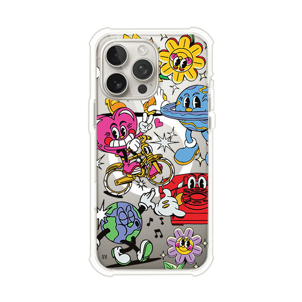 Funda personalizada para iPhone con ilustraciones coloridas de estilo pop art, creada por Nelson Art; diseño con flores, planetas, manos y personajes animados, producto de Remark MX