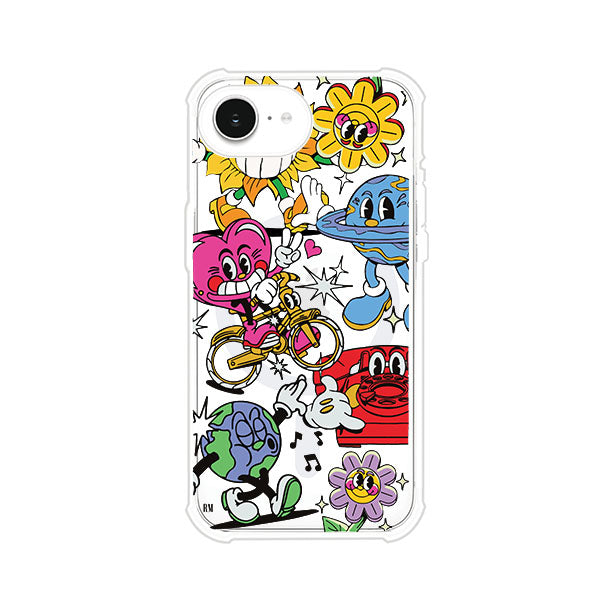 Funda personalizada para iPhone con ilustraciones coloridas de estilo pop art, creada por Nelson Art; diseño con flores, planetas, manos y personajes animados, producto de Remark MX