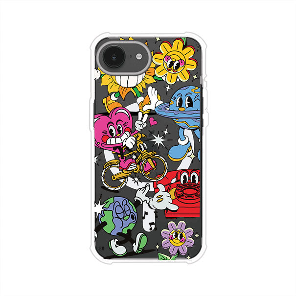 Funda personalizada para iPhone con ilustraciones coloridas de estilo pop art, creada por Nelson Art; diseño con flores, planetas, manos y personajes animados, producto de Remark MX