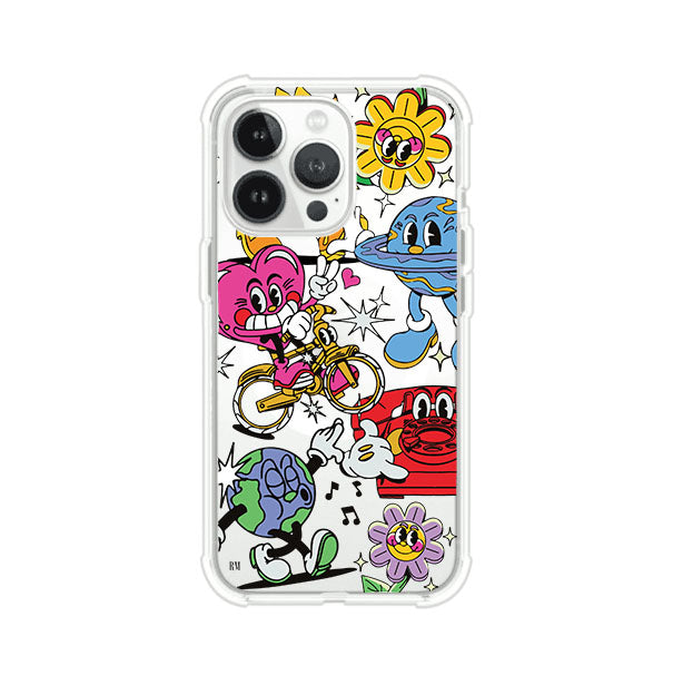 Funda personalizada para iPhone con ilustraciones coloridas de estilo pop art, creada por Nelson Art; diseño con flores, planetas, manos y personajes animados, producto de Remark MX