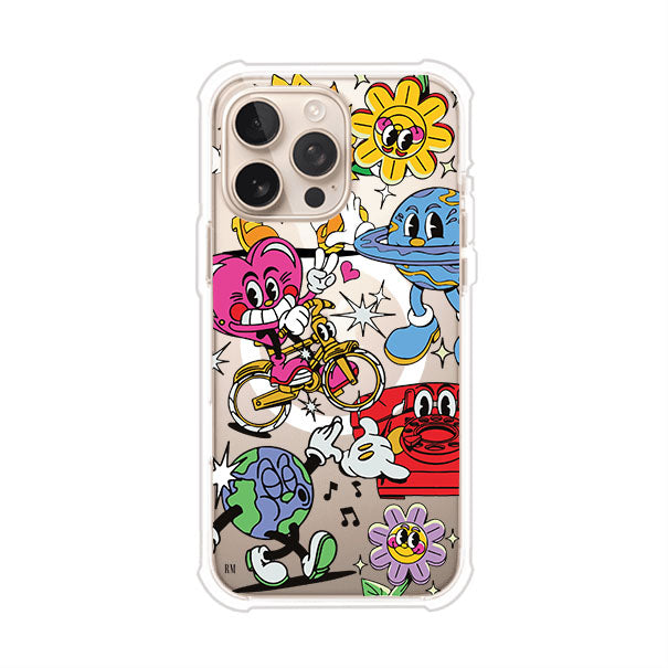 Funda personalizada para iPhone con ilustraciones coloridas de estilo pop art, creada por Nelson Art; diseño con flores, planetas, manos y personajes animados, producto de Remark MX