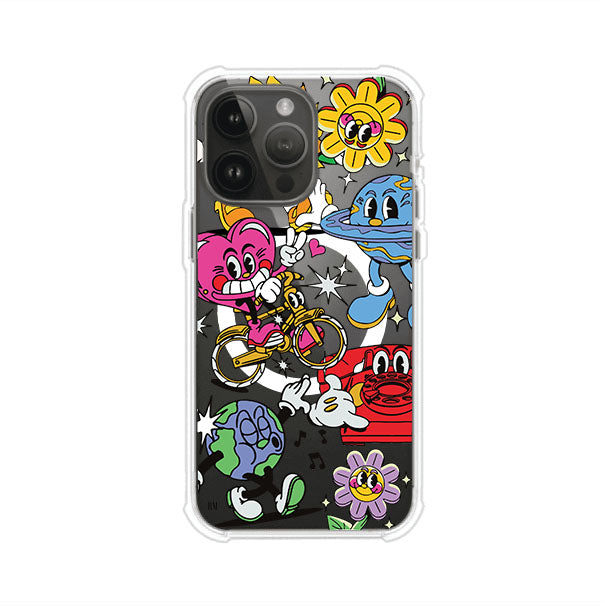 Funda personalizada para iPhone con ilustraciones coloridas de estilo pop art, creada por Nelson Art; diseño con flores, planetas, manos y personajes animados, producto de Remark MX