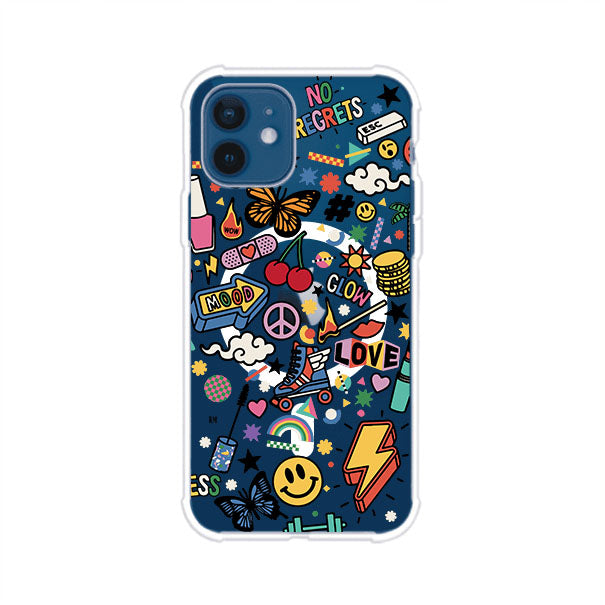 Funda personalizada para iPhone con diseño de stickers coloridos estilo pop art, con mensajes como 'Love', 'Glow', 'Mood' y 'No Regrets', ideal para vibes positivas; producto de Remark MX