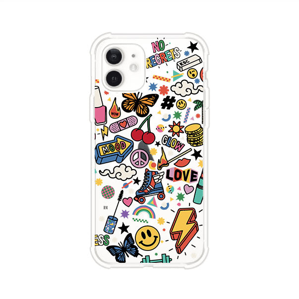 Funda personalizada para iPhone con diseño de stickers coloridos estilo pop art, con mensajes como 'Love', 'Glow', 'Mood' y 'No Regrets', ideal para vibes positivas; producto de Remark MX