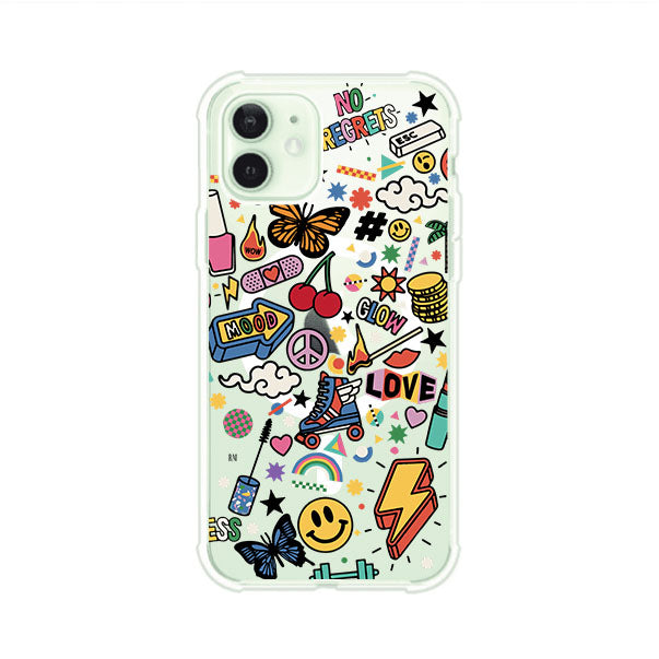 Funda personalizada para iPhone con diseño de stickers coloridos estilo pop art, con mensajes como 'Love', 'Glow', 'Mood' y 'No Regrets', ideal para vibes positivas; producto de Remark MX