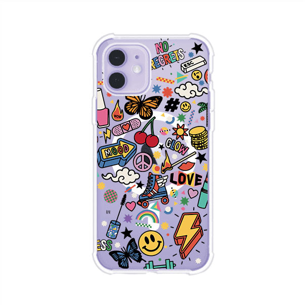 Funda personalizada para iPhone con diseño de stickers coloridos estilo pop art, con mensajes como 'Love', 'Glow', 'Mood' y 'No Regrets', ideal para vibes positivas; producto de Remark MX