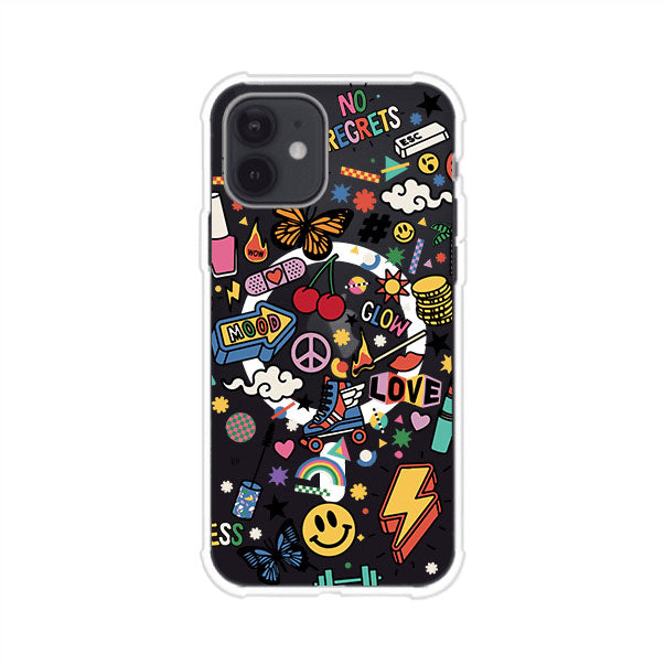 Funda personalizada para iPhone con diseño de stickers coloridos estilo pop art, con mensajes como 'Love', 'Glow', 'Mood' y 'No Regrets', ideal para vibes positivas; producto de Remark MX