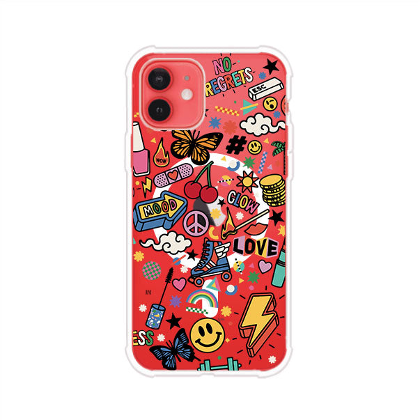 Funda personalizada para iPhone con diseño de stickers coloridos estilo pop art, con mensajes como 'Love', 'Glow', 'Mood' y 'No Regrets', ideal para vibes positivas; producto de Remark MX