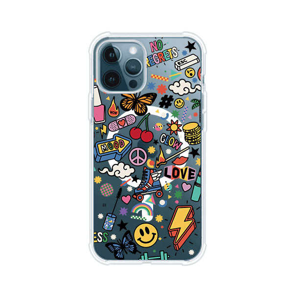 Funda personalizada para iPhone con diseño de stickers coloridos estilo pop art, con mensajes como 'Love', 'Glow', 'Mood' y 'No Regrets', ideal para vibes positivas; producto de Remark MX