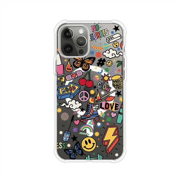 Funda personalizada para iPhone con diseño de stickers coloridos estilo pop art, con mensajes como 'Love', 'Glow', 'Mood' y 'No Regrets', ideal para vibes positivas; producto de Remark MX