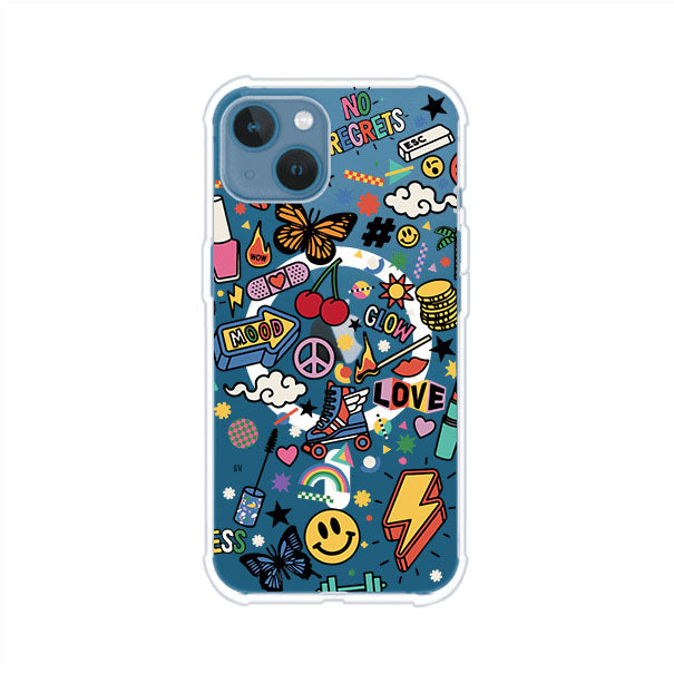 Funda personalizada para iPhone con diseño de stickers coloridos estilo pop art, con mensajes como 'Love', 'Glow', 'Mood' y 'No Regrets', ideal para vibes positivas; producto de Remark MX