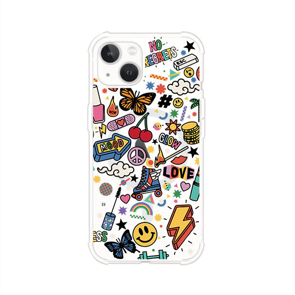 Funda personalizada para iPhone con diseño de stickers coloridos estilo pop art, con mensajes como 'Love', 'Glow', 'Mood' y 'No Regrets', ideal para vibes positivas; producto de Remark MX