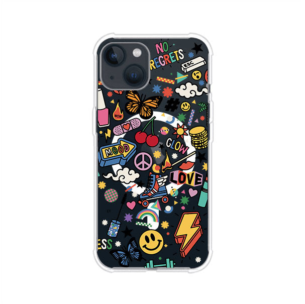 Funda personalizada para iPhone con diseño de stickers coloridos estilo pop art, con mensajes como 'Love', 'Glow', 'Mood' y 'No Regrets', ideal para vibes positivas; producto de Remark MX
