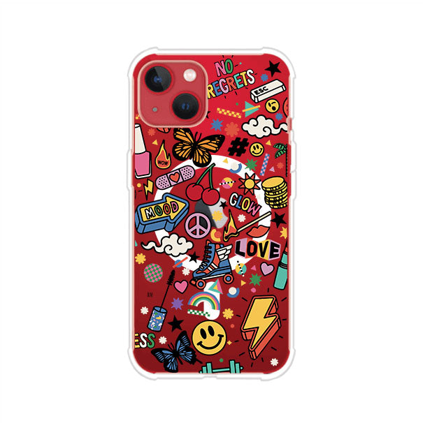 Funda personalizada para iPhone con diseño de stickers coloridos estilo pop art, con mensajes como 'Love', 'Glow', 'Mood' y 'No Regrets', ideal para vibes positivas; producto de Remark MX