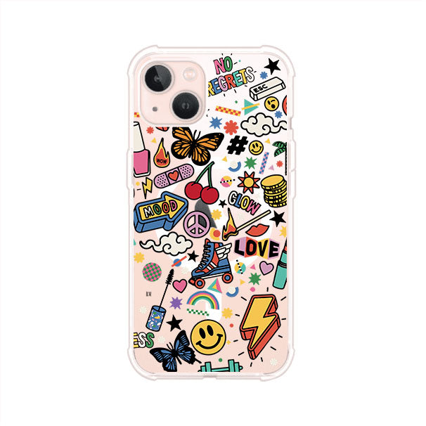 Funda personalizada para iPhone con diseño de stickers coloridos estilo pop art, con mensajes como 'Love', 'Glow', 'Mood' y 'No Regrets', ideal para vibes positivas; producto de Remark MX