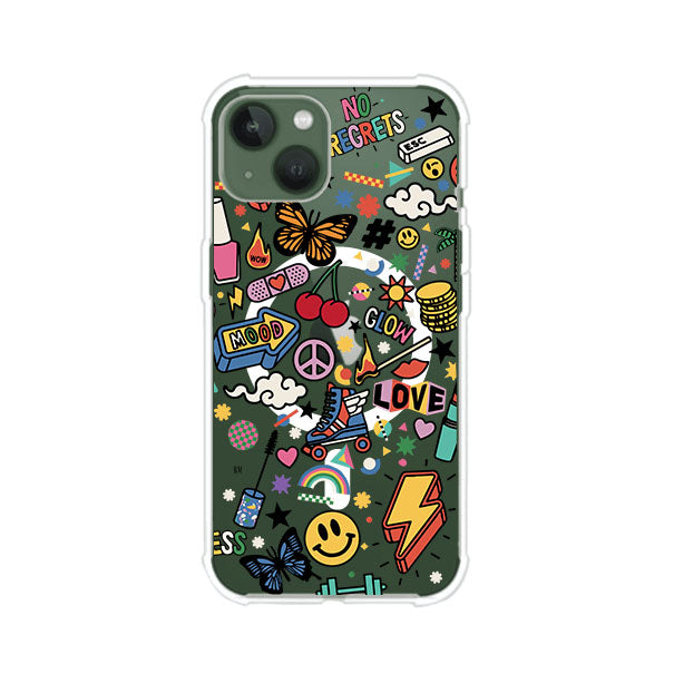 Funda personalizada para iPhone con diseño de stickers coloridos estilo pop art, con mensajes como 'Love', 'Glow', 'Mood' y 'No Regrets', ideal para vibes positivas; producto de Remark MX