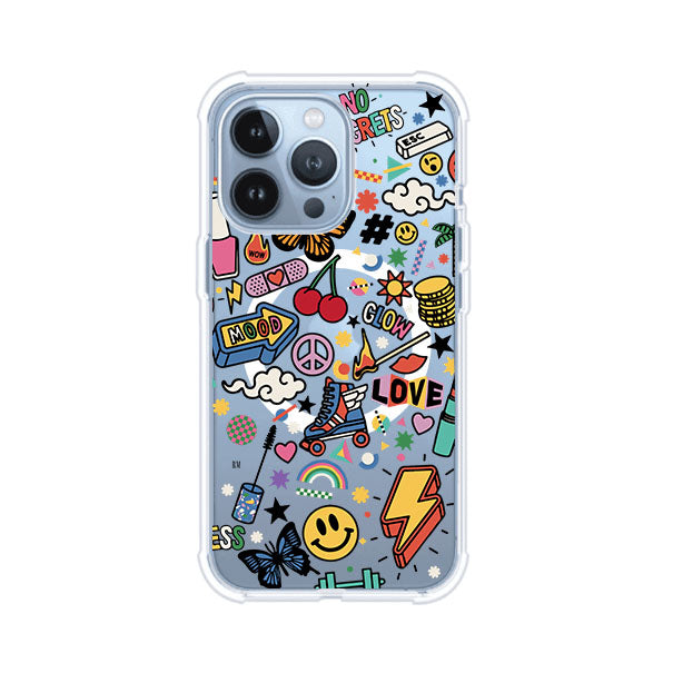 Funda personalizada para iPhone con diseño de stickers coloridos estilo pop art, con mensajes como 'Love', 'Glow', 'Mood' y 'No Regrets', ideal para vibes positivas; producto de Remark MX