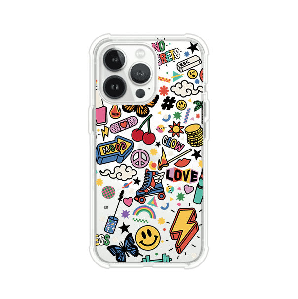 Funda personalizada para iPhone con diseño de stickers coloridos estilo pop art, con mensajes como 'Love', 'Glow', 'Mood' y 'No Regrets', ideal para vibes positivas; producto de Remark MX
