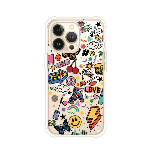 Funda personalizada para iPhone con diseño de stickers coloridos estilo pop art, con mensajes como 'Love', 'Glow', 'Mood' y 'No Regrets', ideal para vibes positivas; producto de Remark MX