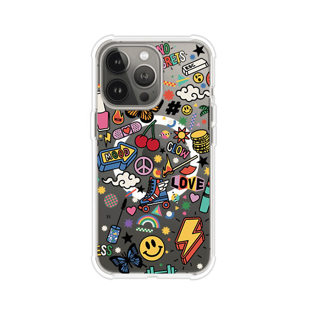Funda personalizada para iPhone con diseño de stickers coloridos estilo pop art, con mensajes como 'Love', 'Glow', 'Mood' y 'No Regrets', ideal para vibes positivas; producto de Remark MX