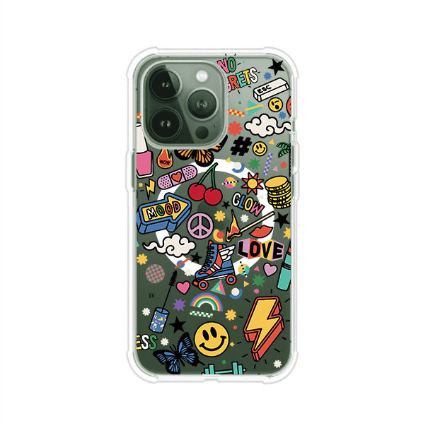 Funda personalizada para iPhone con diseño de stickers coloridos estilo pop art, con mensajes como 'Love', 'Glow', 'Mood' y 'No Regrets', ideal para vibes positivas; producto de Remark MX