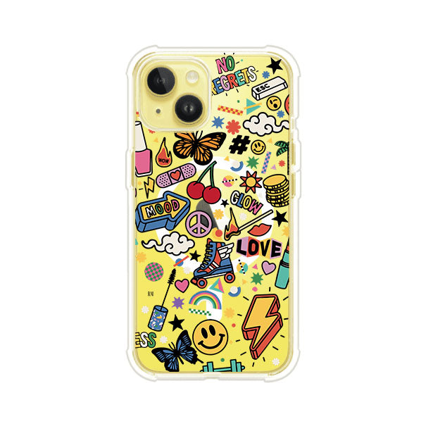Funda personalizada para iPhone con diseño de stickers coloridos estilo pop art, con mensajes como 'Love', 'Glow', 'Mood' y 'No Regrets', ideal para vibes positivas; producto de Remark MX