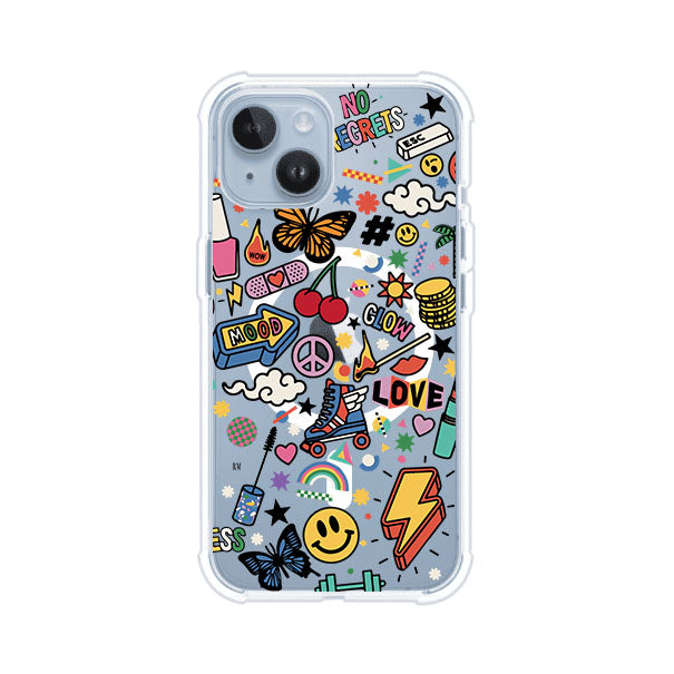 Funda personalizada para iPhone con diseño de stickers coloridos estilo pop art, con mensajes como 'Love', 'Glow', 'Mood' y 'No Regrets', ideal para vibes positivas; producto de Remark MX