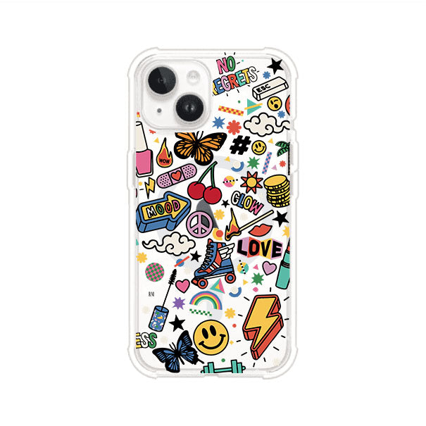 Funda personalizada para iPhone con diseño de stickers coloridos estilo pop art, con mensajes como 'Love', 'Glow', 'Mood' y 'No Regrets', ideal para vibes positivas; producto de Remark MX