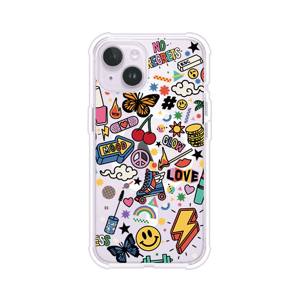 Funda personalizada para iPhone con diseño de stickers coloridos estilo pop art, con mensajes como 'Love', 'Glow', 'Mood' y 'No Regrets', ideal para vibes positivas; producto de Remark MX
