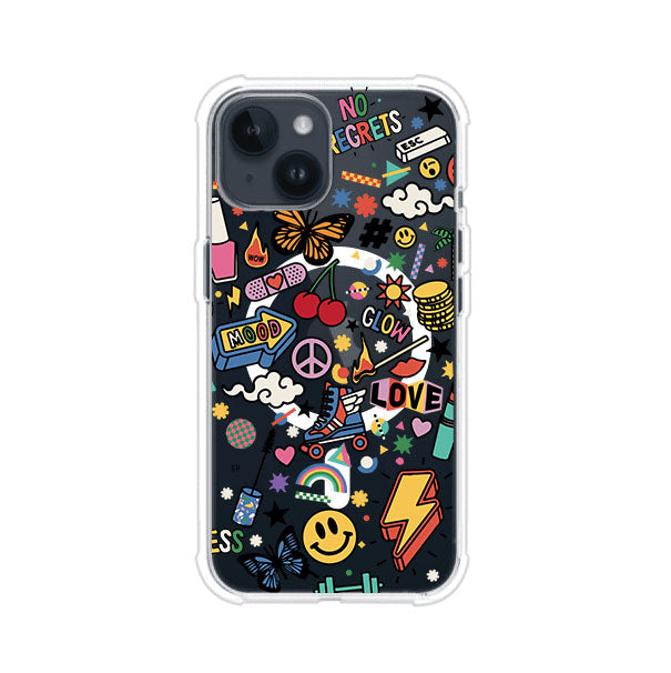 Funda personalizada para iPhone con diseño de stickers coloridos estilo pop art, con mensajes como 'Love', 'Glow', 'Mood' y 'No Regrets', ideal para vibes positivas; producto de Remark MX