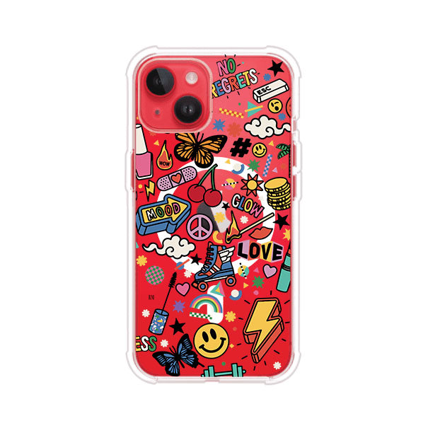 Funda personalizada para iPhone con diseño de stickers coloridos estilo pop art, con mensajes como 'Love', 'Glow', 'Mood' y 'No Regrets', ideal para vibes positivas; producto de Remark MX