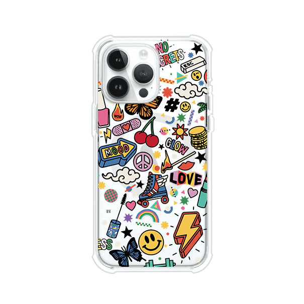 Funda personalizada para iPhone con diseño de stickers coloridos estilo pop art, con mensajes como 'Love', 'Glow', 'Mood' y 'No Regrets', ideal para vibes positivas; producto de Remark MX